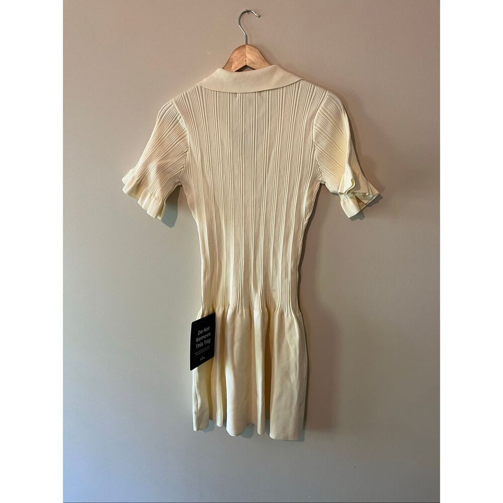 Lulus Cream Ribbed Knit Polo Mini Dress Ruffle Sleeve Gold Button M NWT - Picture 7 of 9